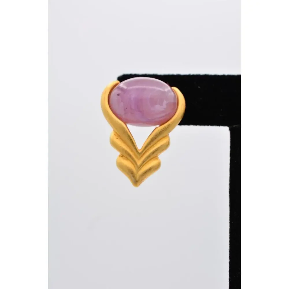 Vintage Cabochon Earrings Purple Marbled Lucite Brushed Gold Dangle Drop 90s 9L
